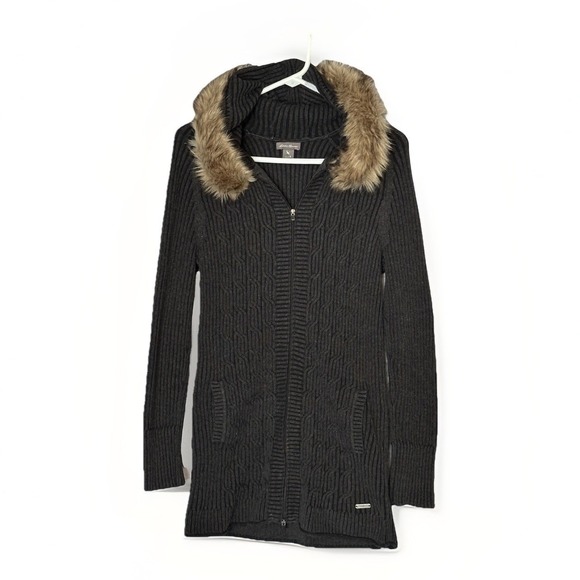 Eddie Bauer Sweaters - Vintage Womens Y2K Cable‎ Knit Full Zip Hoodie Faux Fur Collar Preppy Small